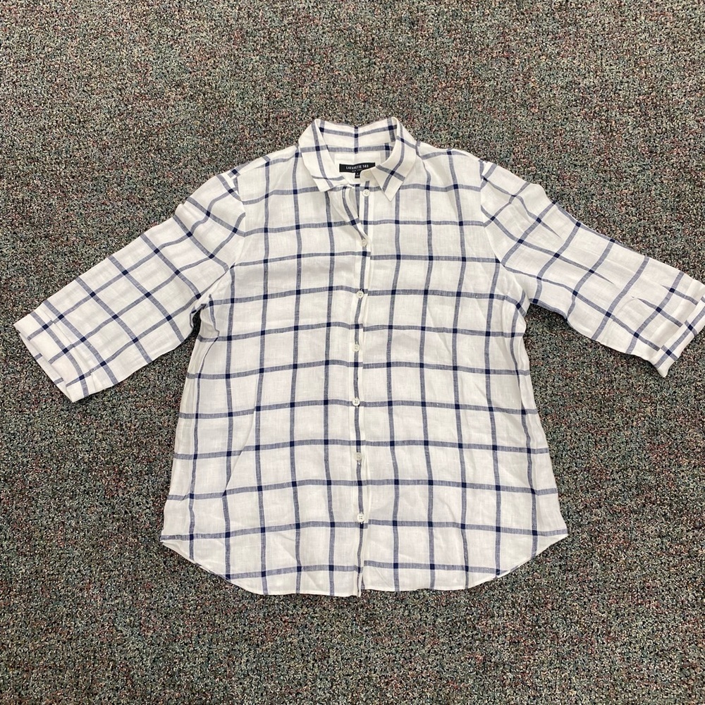 Lafayette 148 New York Women’s 100% Linen Plaid Checkered Button Down Shirt L